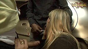 valet rams his thick cock into blonde slut's ass right in front of cuckold hubby