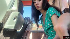 Crazy! Man flashes cock on public bus, cute brunette teen helps with handjob till he cums 😱🍆💦