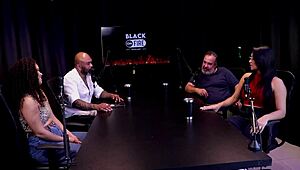 woman stuffs everything in mouth for lesbian scenes as cuckold swingers watch her black cock