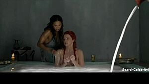 lucy lawless and katrina law deliver steamy blowjobs handjobs with big tits topless in spartacus