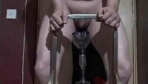 Bisexual dude naked on ladder pisses in bottle and drinks it all!