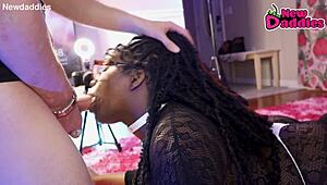 Ebony Whore Gags on White Daddy's Cock in Deepthroat Frenzy