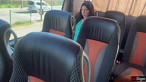 Crazy! Man flashes cock on public bus, cute brunette teen helps with handjob till he cums 😱🍆💦