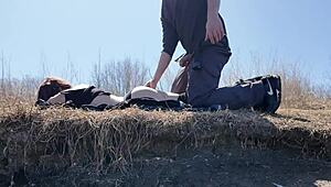 my skinny brunette stepdaughter moans bent over doggystyle in forest learning outdoor public petite nature closeup