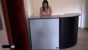 Russian Receptionist Gushes Orgasms Deepthroating Inked Stud Elevator Ride