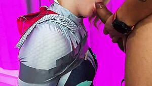 gwen stacy rocks spider cosplay for wet blowjob and kinky facial cumshot in private