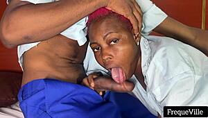 Horny ebony student rides big black cock before school in missionary after muff diving