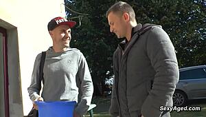 busty blonde mature milf cougar takes double vaginal penetration gangbang riding from group pounding