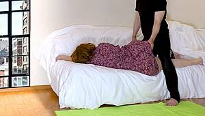 stepson kneads stepmom's fat bbw ass during massage then she sucks his cock gratefully