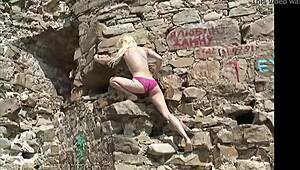 coed ana fey teases her skinny ass pussy over panties outdoors