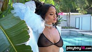 julie kay's massive ebony tits burst free outdoors in ripped lingerie