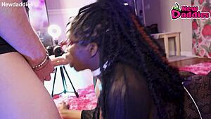 Ebony Whore Gags on White Daddy's Cock in Deepthroat Frenzy