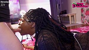 Ebony Whore Gags on White Daddy's Cock in Deepthroat Frenzy