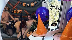 Pregnant curvy milf in pantyhose rides two cocks doggystyle at wild halloween mmf party