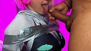 gwen stacy rocks spider cosplay for wet blowjob and kinky facial cumshot in private
