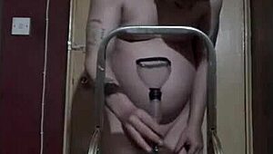 Bisexual dude naked on ladder pisses in bottle and drinks it all!