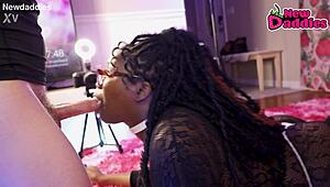 Ebony Whore Gags on White Daddy's Cock in Deepthroat Frenzy