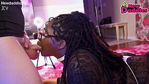 Ebony Whore Gags on White Daddy's Cock in Deepthroat Frenzy