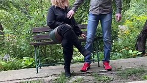 Mature milf flashes curvy legs outdoors in stockings 😍