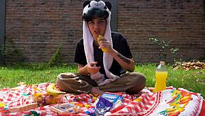 lara gags on food outdoors in full vomit barf fetish picnic frenzy