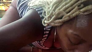 black girl drops to her knees for a wild backseat car blowjob outdoors