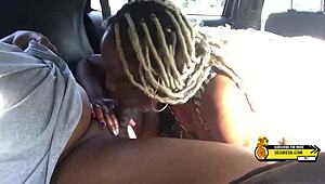 black girl drops to her knees for a wild backseat car blowjob outdoors