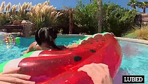 laynee james drenches her wet pussy in pool then rides cock hard before creampie fill-up 💦