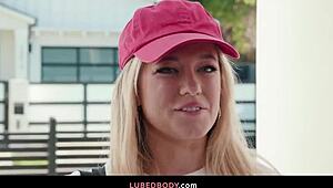 naughty blonde river lynn and axel haze slide into slippery nuru pizza massage fun