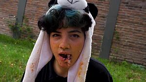 lara gags on food outdoors in full vomit barf fetish picnic frenzy