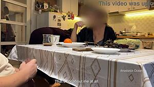 my husband jerks under table in front of stepmom and me in kitchen