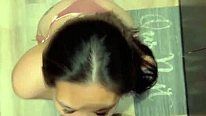 Brunette slurps meat in kitchen then bends for sloppy doggystyle creampie pov pounding