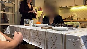 my husband jerks under table in front of stepmom and me in kitchen