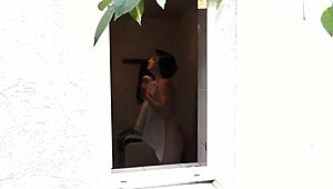 naked wife showering outdoors for neighbor's eyes only 😏💦 big ass tits wet pussy handjob tease in public bathroom milf action