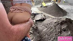 Naughty couple sneaks outdoor public fuck on construction site bareback creampie risky