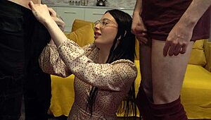 Nerdy Beauty's Heart-Pounding Joy Sharing Massive Cocks