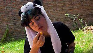 lara gags on food outdoors in full vomit barf fetish picnic frenzy