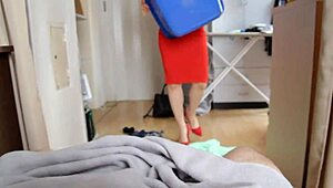 Real hot stepmom catches stepson jerking off and rides to cum