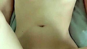 Tight wet shaved petite Asian teen couple sensual riding cowgirl juicy pussy orgasm pretty small tits belly passionate sex homemade