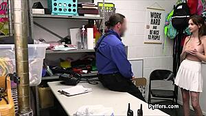 Officer rams his big cock down perky teen brunette suspect's pretty throat in hardcore office deepthroat.