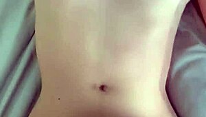 Tight wet shaved petite Asian teen couple sensual riding cowgirl juicy pussy orgasm pretty small tits belly passionate sex homemade
