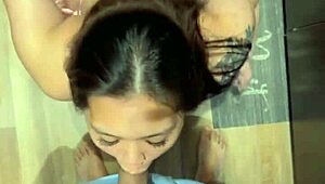 Brunette slurps meat in kitchen then bends for sloppy doggystyle creampie pov pounding