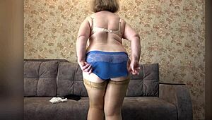 chubby mature milf shakes huge ass in panties while trying new lingerie