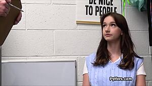 Officer rams his big cock down perky teen brunette suspect's pretty throat in hardcore office deepthroat.