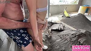 Naughty couple sneaks outdoor public fuck on construction site bareback creampie risky