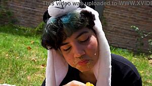 lara gags on food outdoors in full vomit barf fetish picnic frenzy