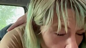 Real hooker grabs cock in backseat sucking every drop outdoors deep