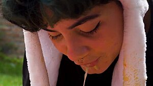 lara gags on food outdoors in full vomit barf fetish picnic frenzy