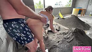 Naughty couple sneaks outdoor public fuck on construction site bareback creampie risky