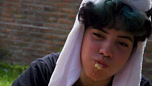 lara gags on food outdoors in full vomit barf fetish picnic frenzy