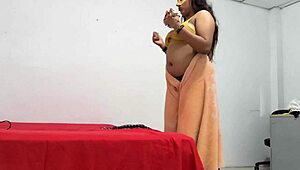 chubby 18-year-old latina student adjusts sexy uniform before early class